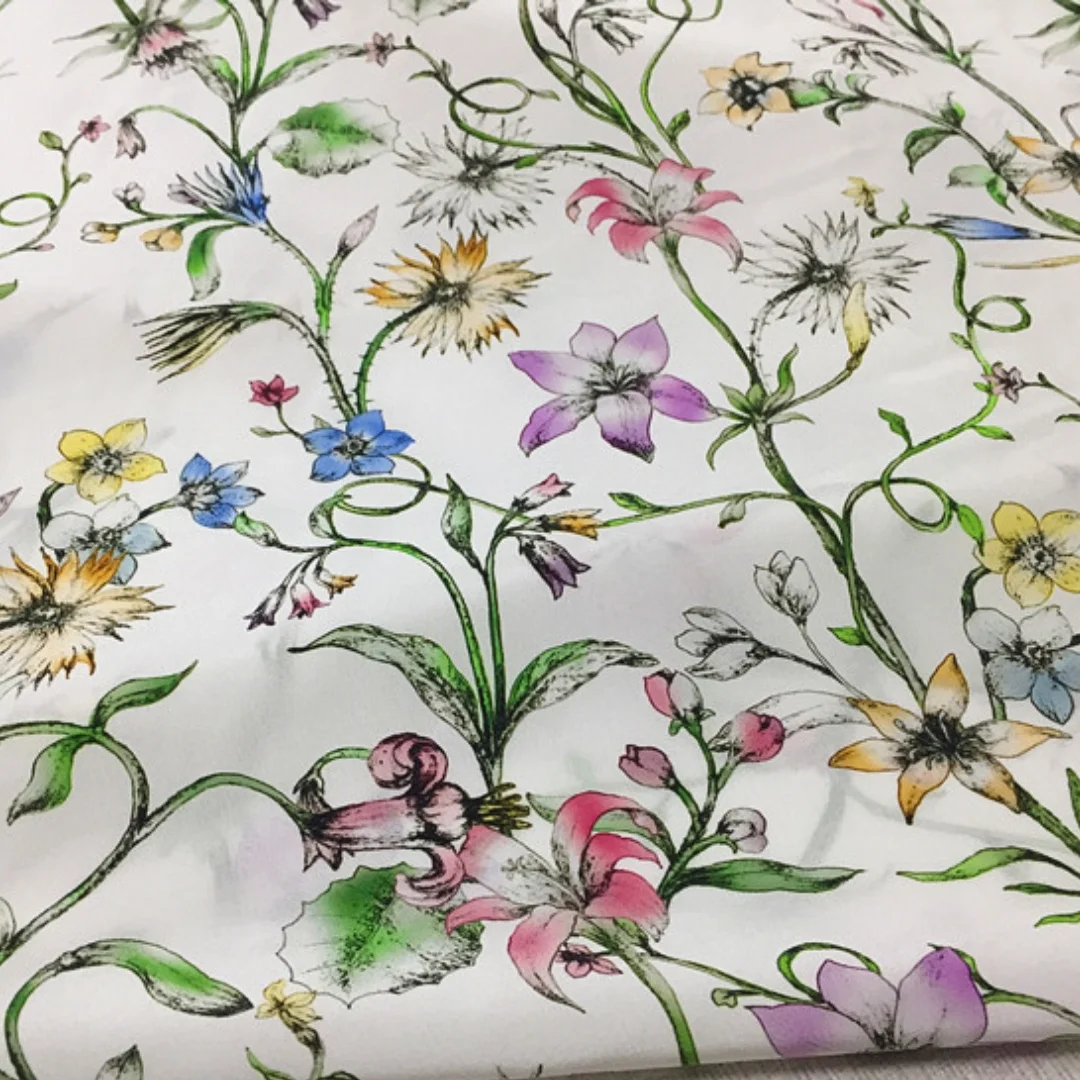 1 meter 100% Mulberry Silk 16 momme Crepe Silk Fabric White with Floral Printed 138cm 54