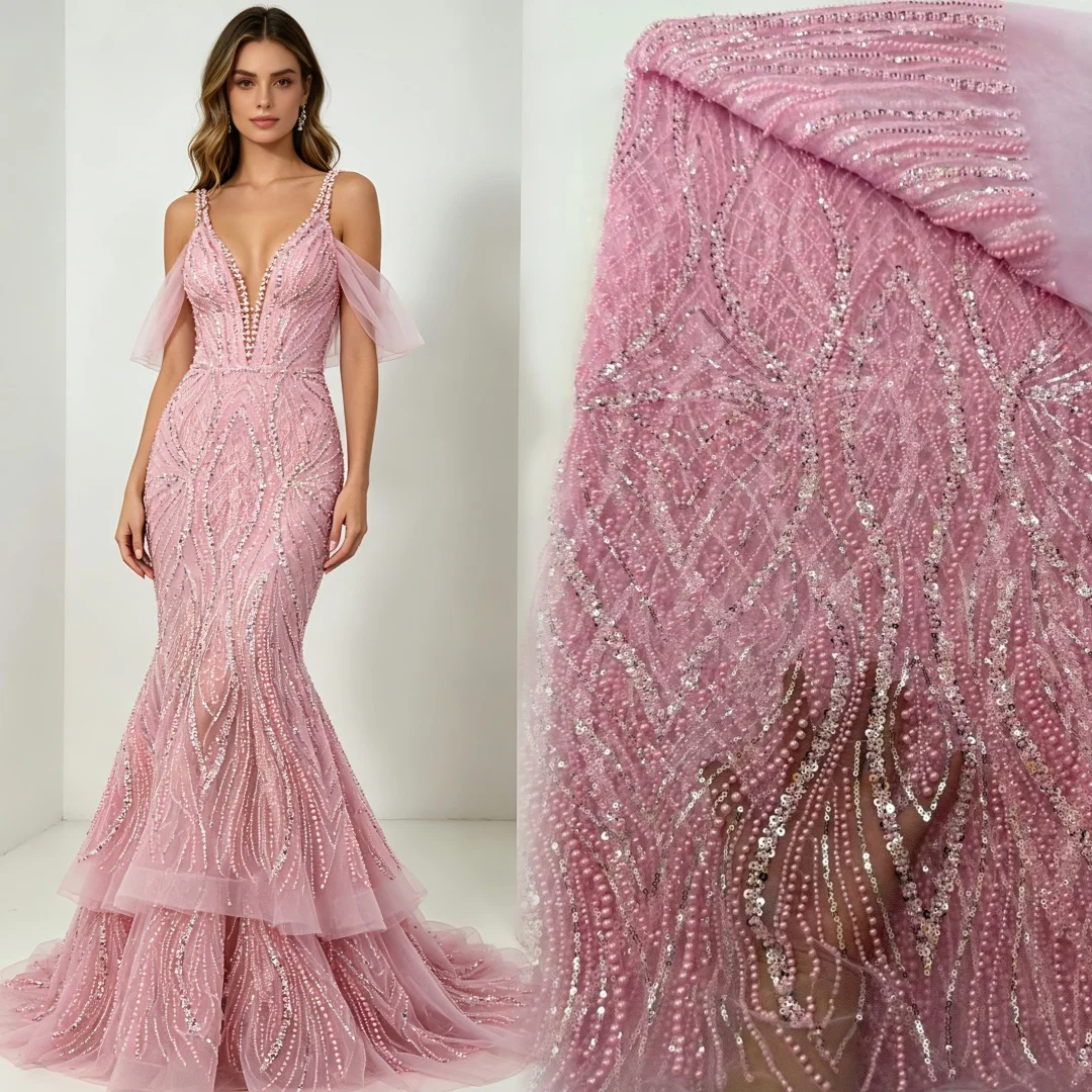 Tissu de dentelle africaine de luxe avec sequins, 5 yards, dentelle rose perlée, tulle brodé, tissu nigérian pour robe de mariée