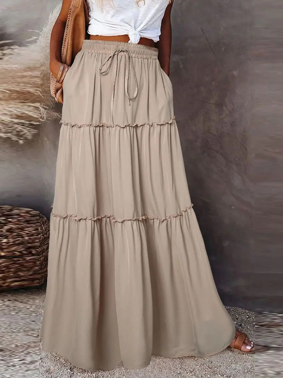 

Юбка с высокой талией на резинке и шнуровке, женская модная юбка А-силуэта со сборками, из полиэстера, не требует глажки