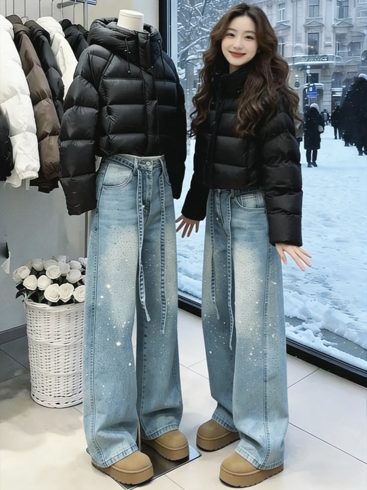 

American Retro Design Rhinestone Denim Pants Women's Fall Winter New Sle Hot Girl Loose Slim Wide Leg Floor Length Pants