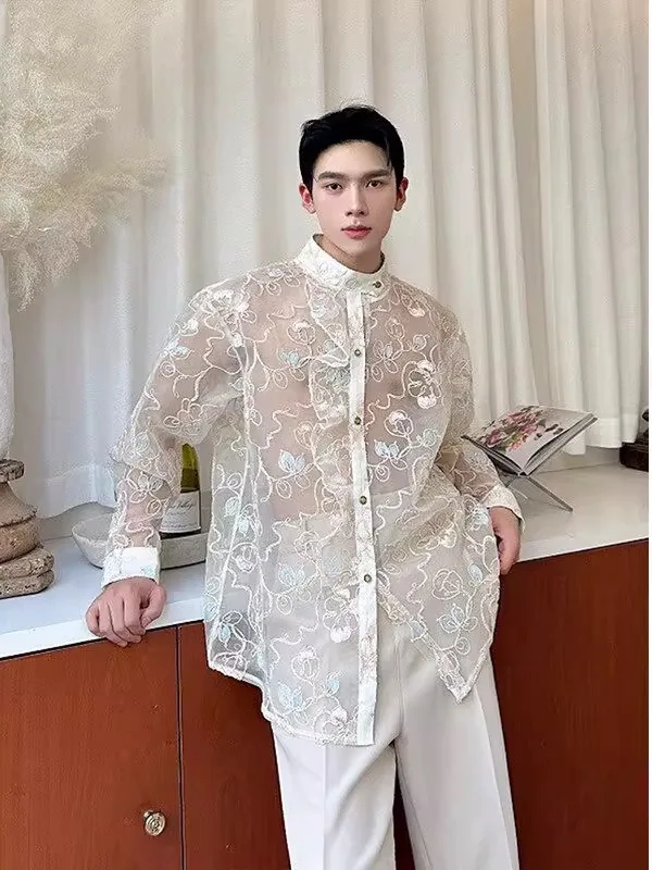 

New Chinese Style Embroidered Hook Flower Men's Shirt Thin Loose Casual Summer Top TANGZ STUDIO Thin Summer Menswear