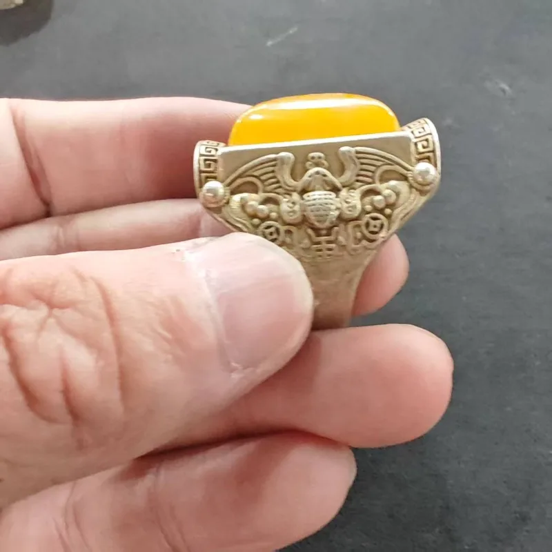 Vintage Tibetan Style Square Yellow Stone Ring Unisex Retro  Metal Finger Ring Ethnic Tribal Ornament Men Statement Jewelry Gift