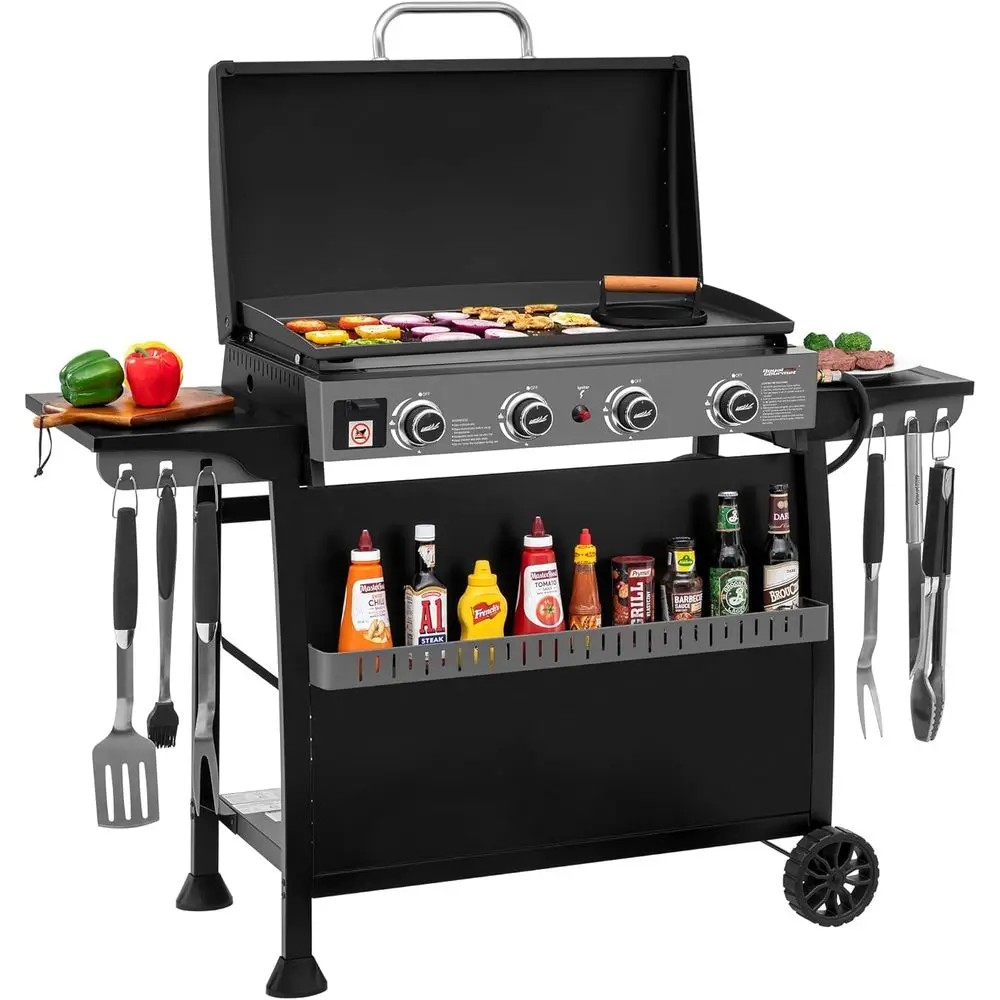 

PD4001 4 Burner Propane Gas Griddle with Removable Standing Cart, Convertible to Tabletop Design, lat Top Grill with Hood or Cam