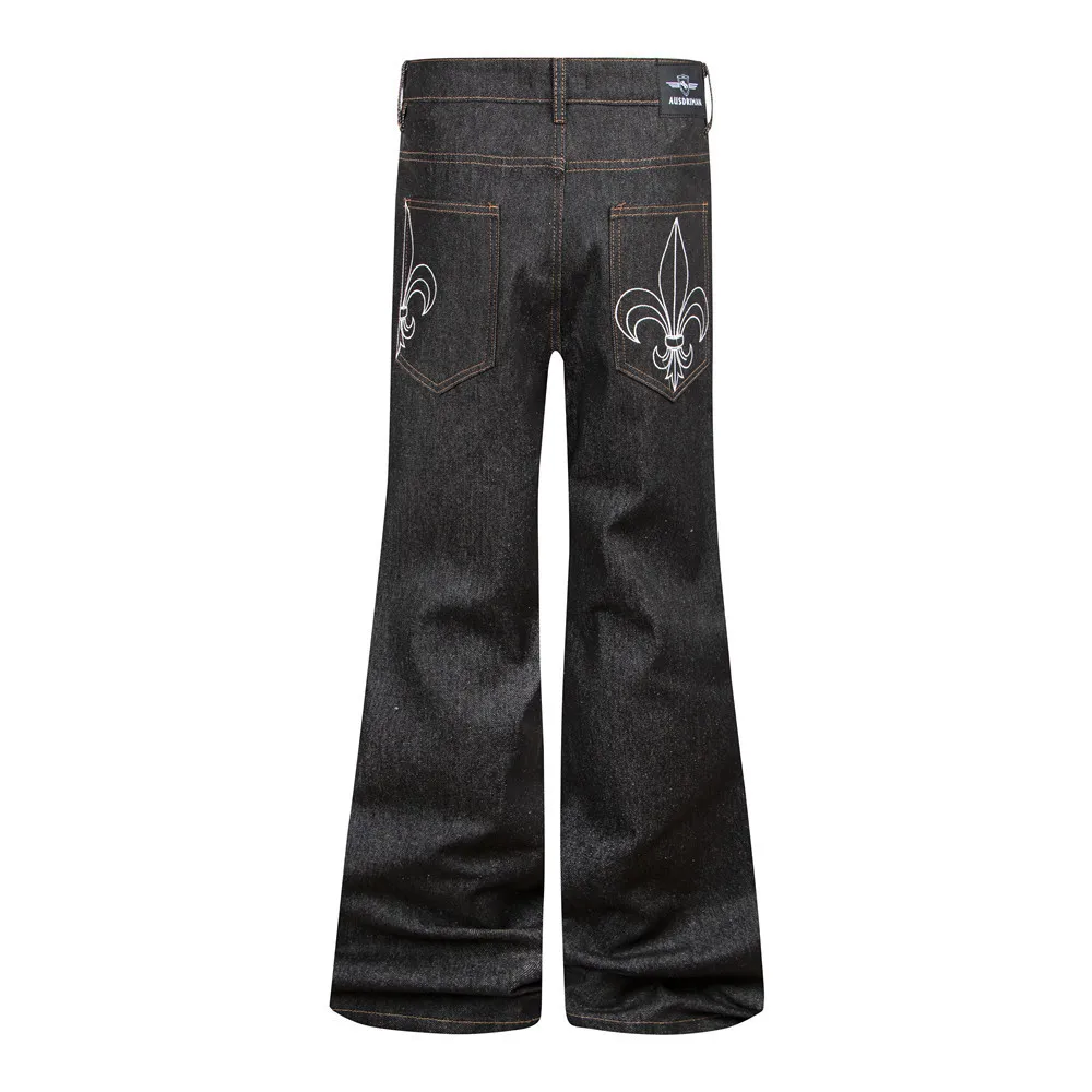MWJLPWQ Denim Flared Pants Hippie-Style Men's Floral Embroidery Back Pockets Unique Slightly Wide-Leg Trousers 2026 Autumn 21441