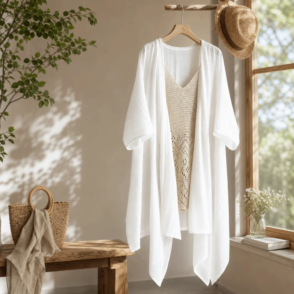

Lightweight Short Sleeved Linen Cardigan Loose Sunscreen Cover Long Shawl Simple Front Opening Beach Top Beach Vacation