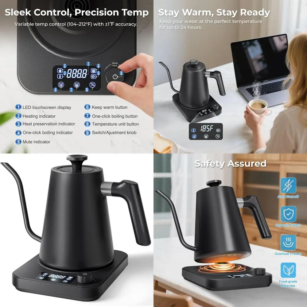 

Precision Temperature Electric Kettle with Altitude Compensation, 24-Hour Warmth, 30-Minute Memory, Food-Grade Stainless Steel,