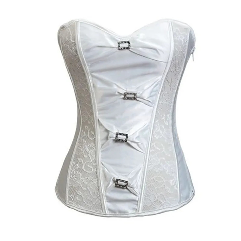 White Bustier Corset Women Sexy Satin Lace Patchwork Side Zipper Fishbone Victorian Corset Overbust Brocade Costume for Wedding