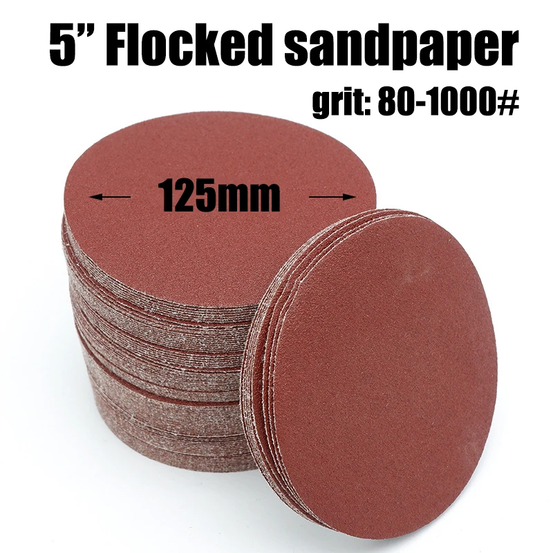 

5pcs 5" 125mm Flocked Sandpaper Disc Grit 80-1000# Hook & Loop Aluminum Oxide Abrasive Grinding Polishing Pad for Dremel Tools