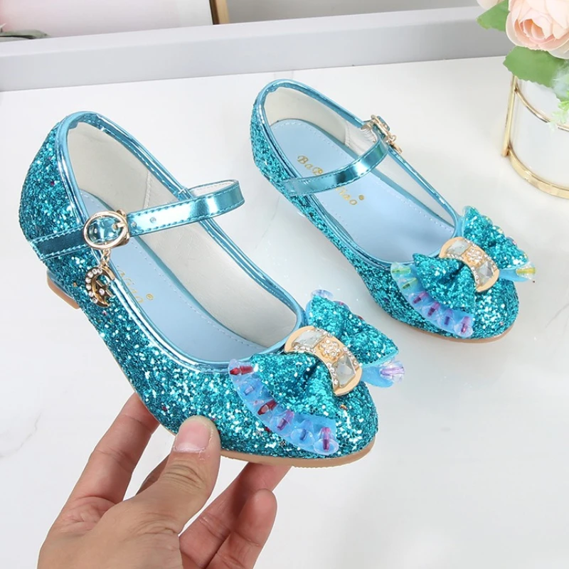 Hot Selling Princess Crystal LeatherShoe2026Autumn New Collection Child High Heel SingleShoe Fashion Girl Bow Perf Leather Shoes