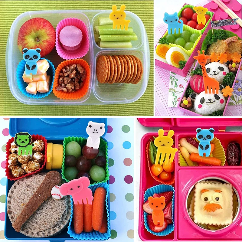 Cute Mini Food Picks Children Kids Animal Toddler Cartoon Snack Cake Dessert Food Fruit Forks Silicone Lunch Box Dividers