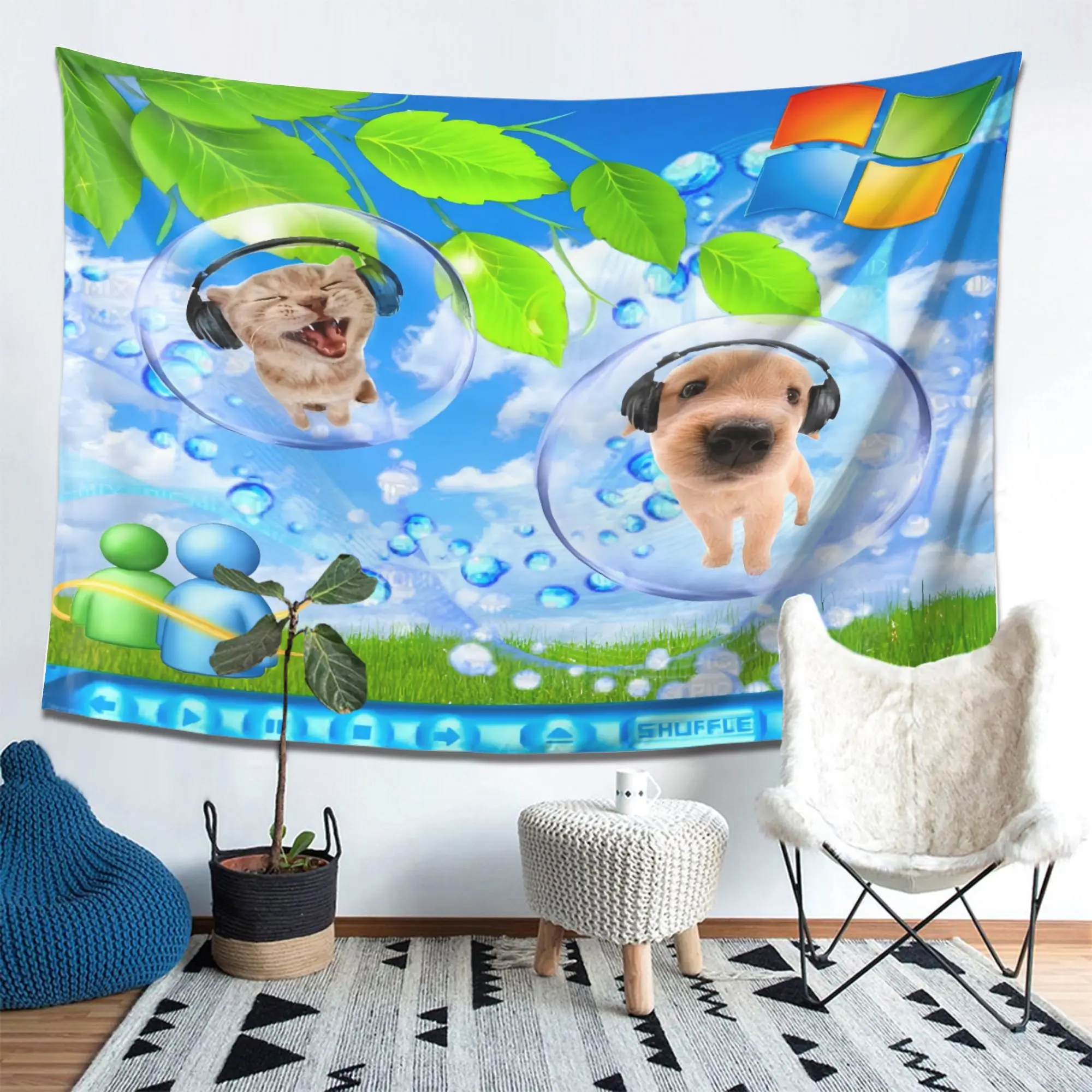 VIKAMA Y2K Retro Windows XP Funny Cat and Dog Tapestry Millennium Style Bubble Earphones Cat and Dog Anime Style