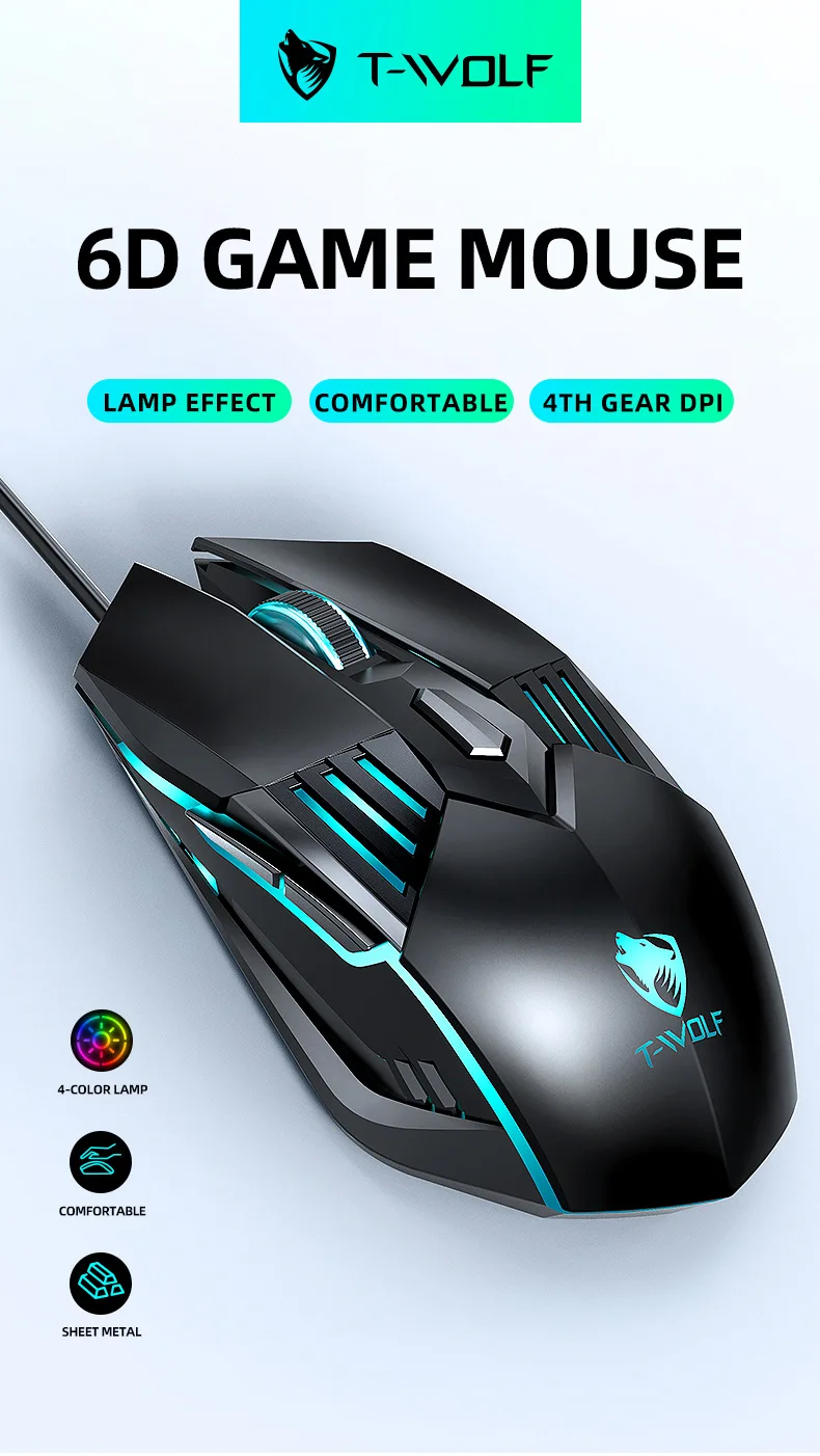 

T-WOLF G560 6D Gaming Mouse Upgrade Cool Mech Четырехцветный светодиодный дыхательный светильник