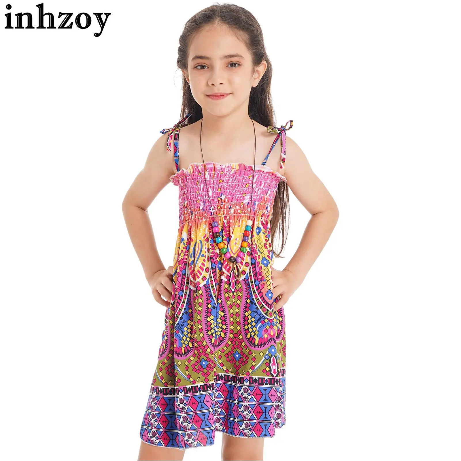 Kids Boho Girls Dress Suspender Shoulder Straps Floral Smocked A-line Dress with Necklace Summer Holiday Beach Playwear Dress