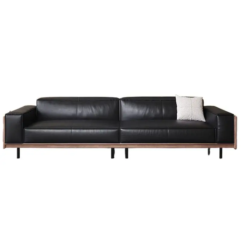 Medieval leather sofa oil wax leather business meeting reception Italian tofu block high foot straight row sofa