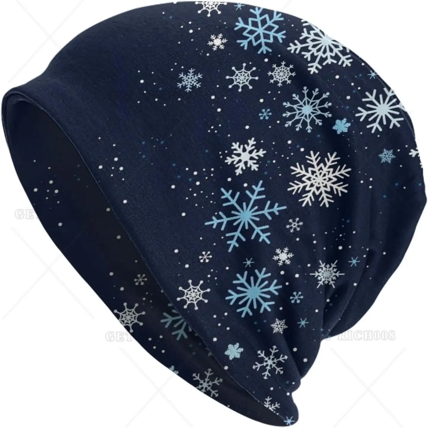 Christmas Snowflakes Blue Beanie Standard Closed Chemo Knitted Hats Baggy Slouchy Skull Cap Cancer Headwear for Women Men