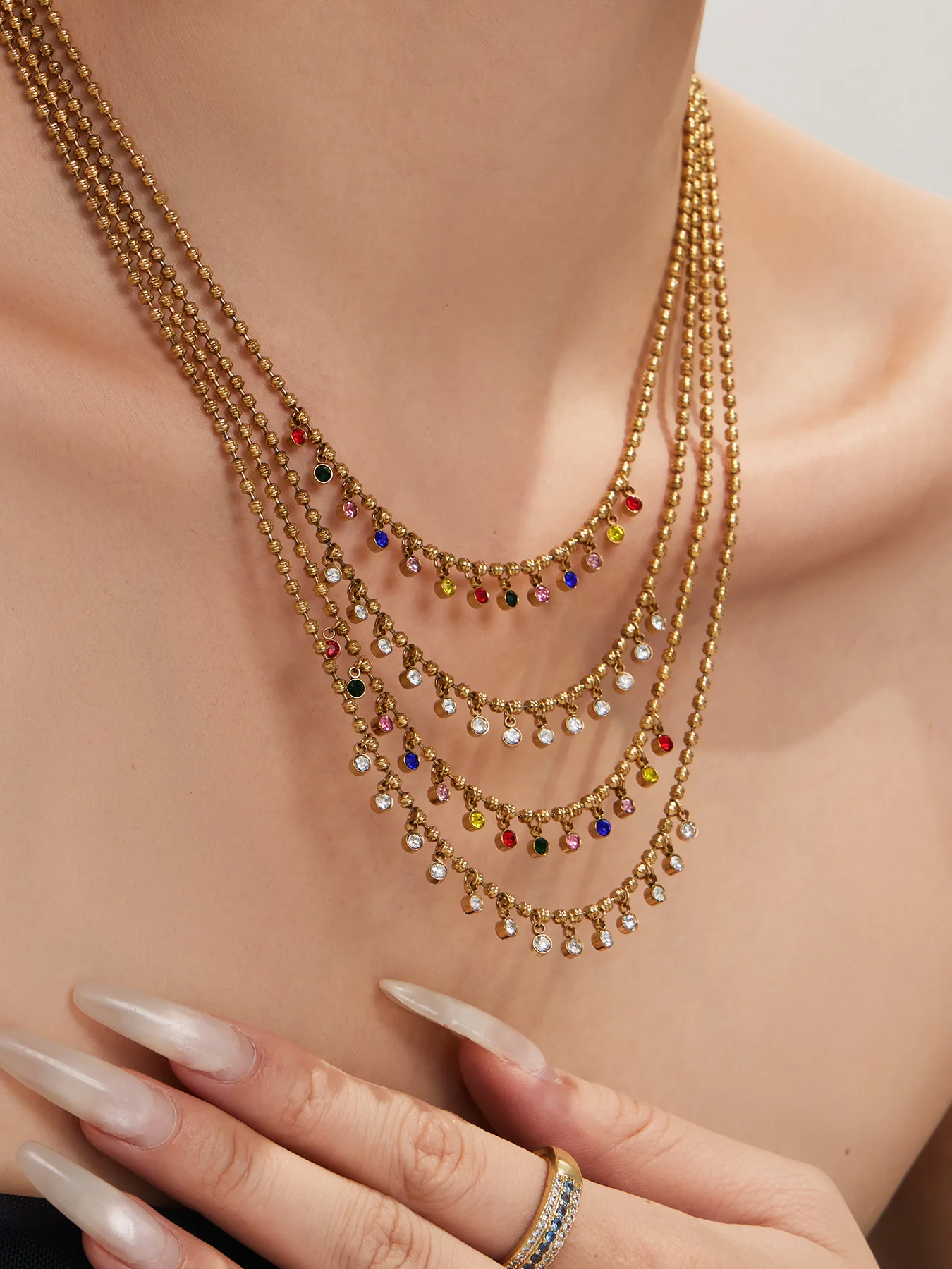 316L Edelstahl-Halskette mit Bunten Zirkonia-Perlen, Wasserfest, Schick, Makronen-Design, Geometrisch, Personalisierbar, Vielseitiger Damenschmuck – Detail 6