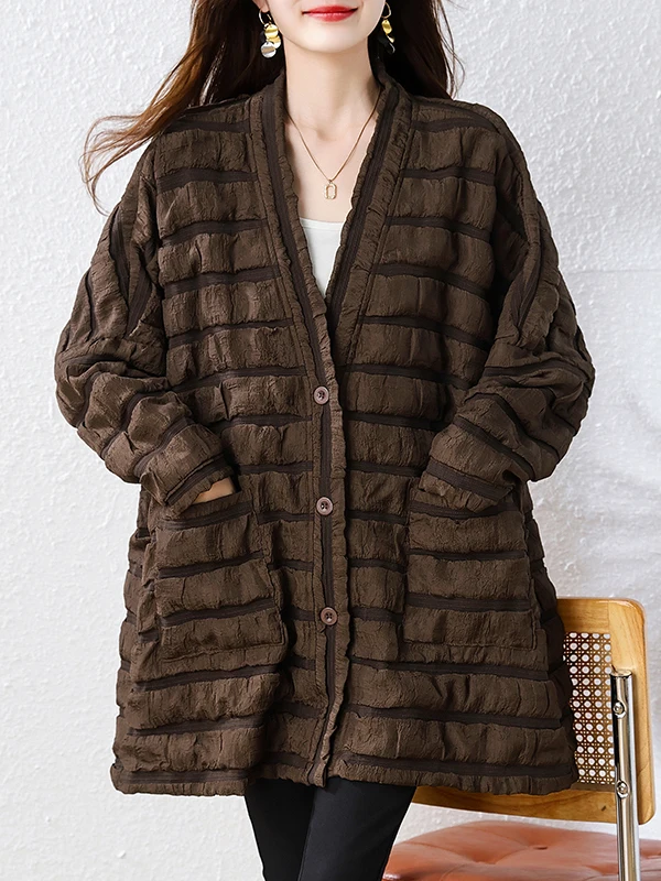 Women's Loose V-neck Open Cardigan Jacket Textured Pleated Versatile Simple plus Size Casual Style Long Sleeve Mid-length