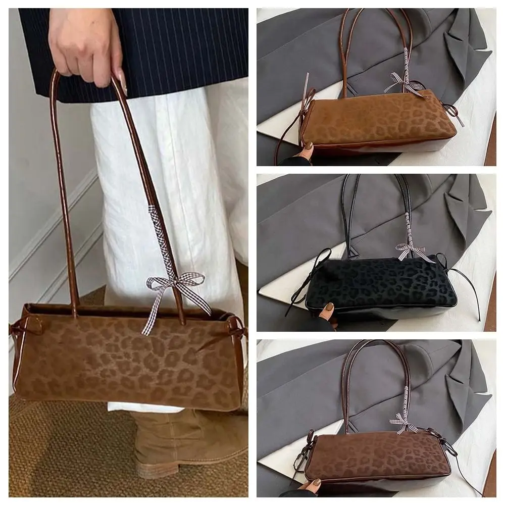 

Милая французская сумка-палка, большая вместительная сумка с бантом и лентой с леопардовым принтом, сумки для подмышек, корейский стиль, текстурированная сумка из искусственной кожи для девочек