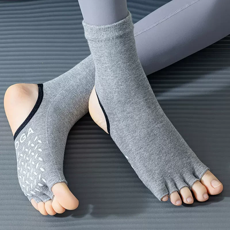 Knee-high Yoga Socks Women Toeless Silicone Non-slip Ballet Pilates Socks Cotton Breathable Five Toes Indoor Floor Sports Socks