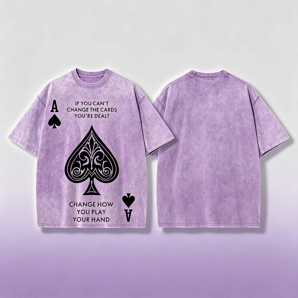 Spade A Poker Print Lavender Washed Short‑Sleeve T‑Shirt, American Retro Loose Crew Neck Streetwear Top