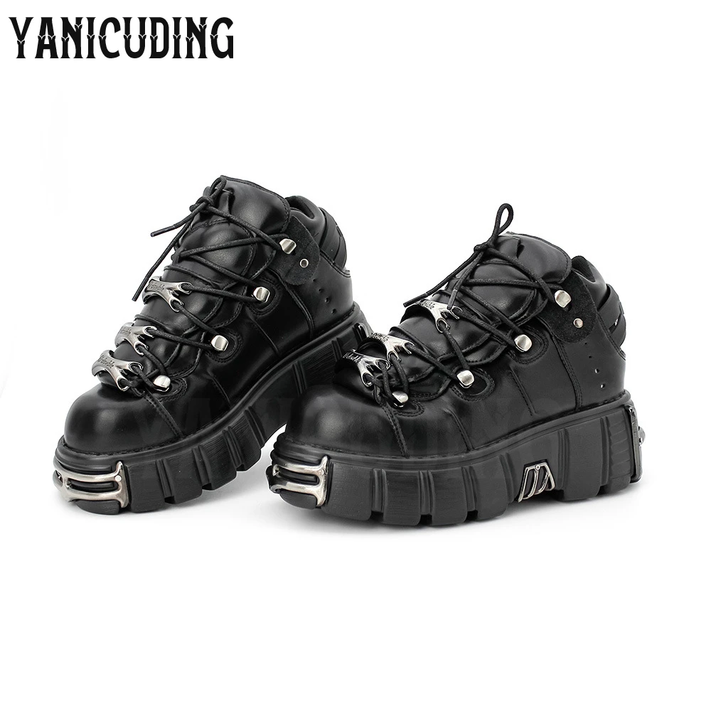 Gothic Punk Women Casual Shoes Metallic Locomotive Shoes Lace-Up Platform Black Leather Shoes Fashion Designer Rock Style Shoes