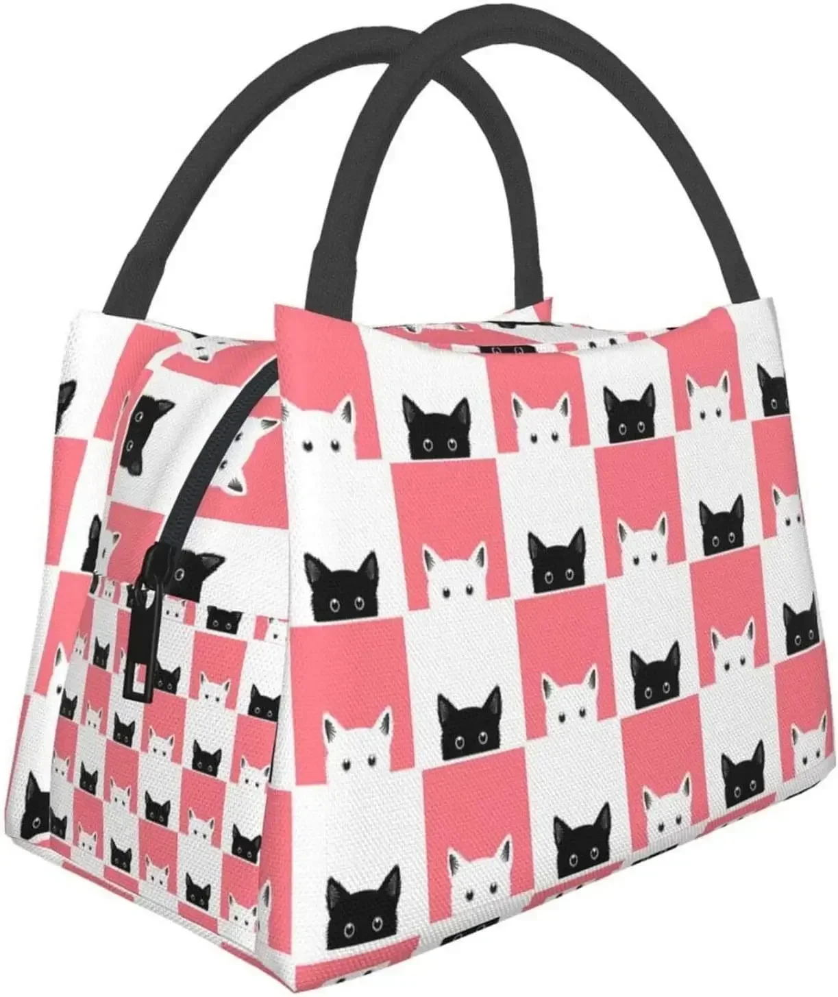 

Insulated Lunch Bag Black White Pink Cat Pattern Waterproof Tote Bento Bag for Office School Hiking Beach Picnic Fishing