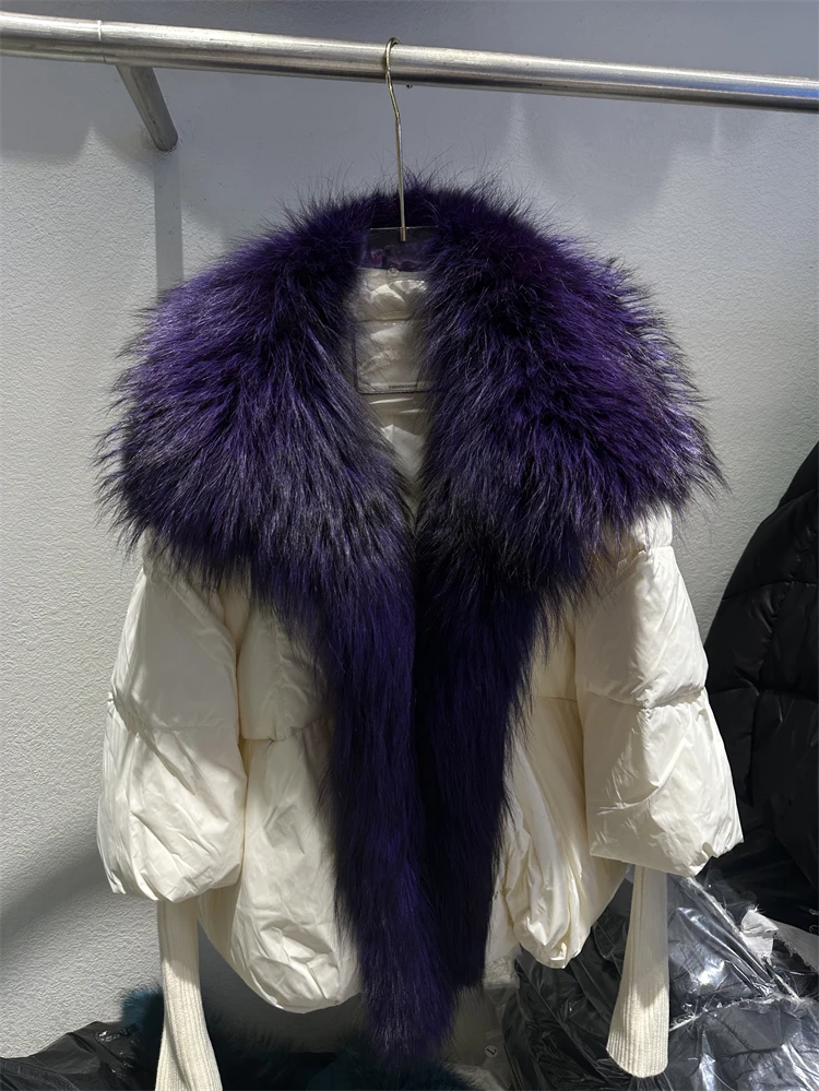 OFTBUY New Duck Down Jacket Winter Coat Women Super Large Real Silver Fox Fur Collar Jacket Knit Sleeve Fashion Luxury Outerwear