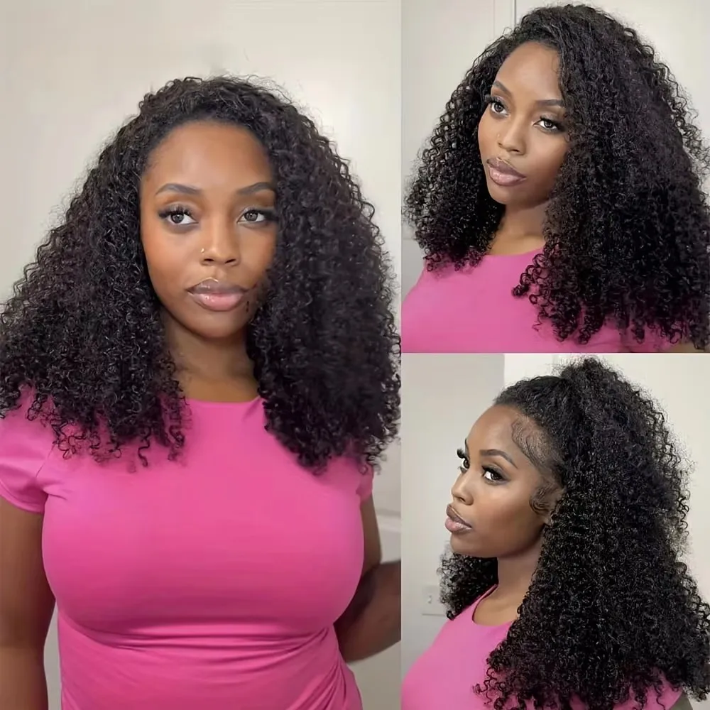 32 Inch 250% Density 3 In 1 Half Wig Human Hair With Drawstring Kinky Curly Half Wig Ready To Go Comfortable Fit machine made