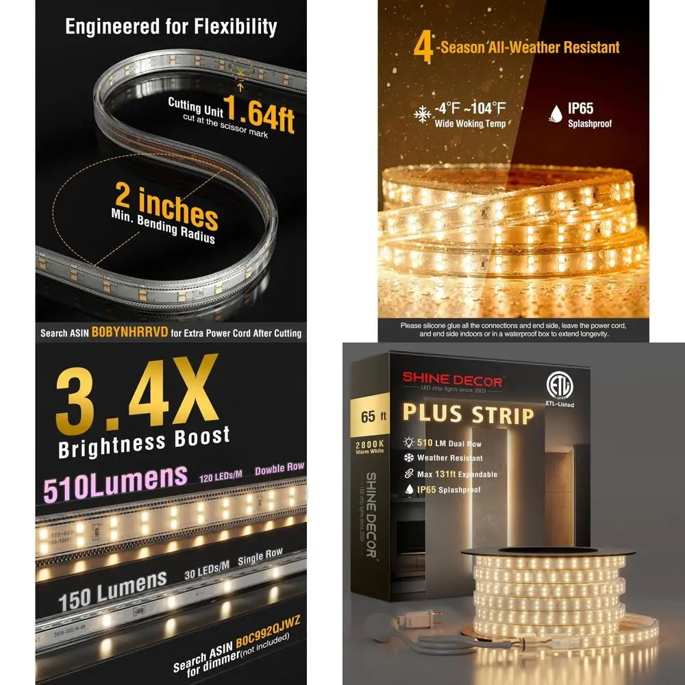 حبل إضاءة LED قابل للتوصيل مقاوم للماء 120 فولت، صف مزدوج، 65 قدم، أبيض دافئ، 7 × 17 مم للإضاءة المميزة #1