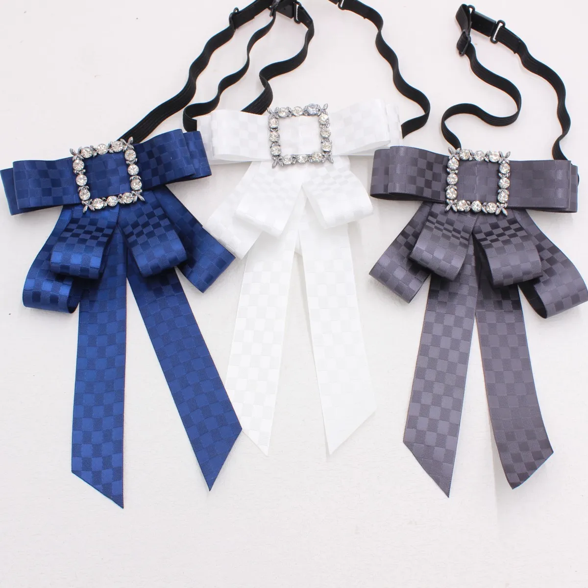 Women Black Bow Tie with Rhinestone Buckle Adjustable Uniform Ribbon Necktie for Office School Shirt – No Gift Box Included S346