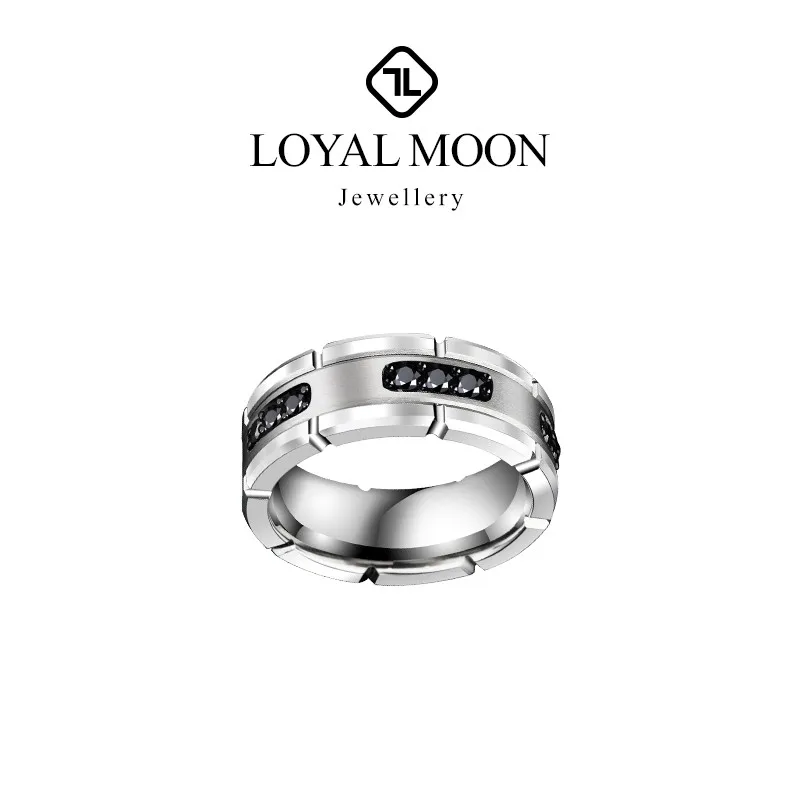 Loyal Moon Tungsten Rings For Men Inlay Black Stones High Polished For Wedding Band Gift For Him, Engraving,Customized