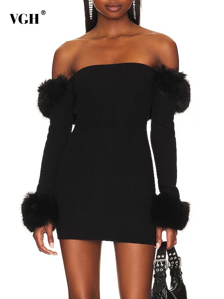 

VGH Spliced Feathers Sexy Knitting Mini Dresses For Women Slash Neck Long Sleeve High Waist Backless Solid A Line Dress Female