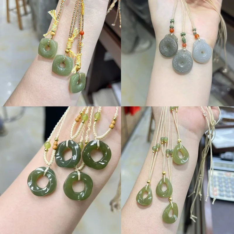 Natural Twisted Water Drop Hetian Möbius Pendant Square Buckle Hanging Ornament Jade Necklace