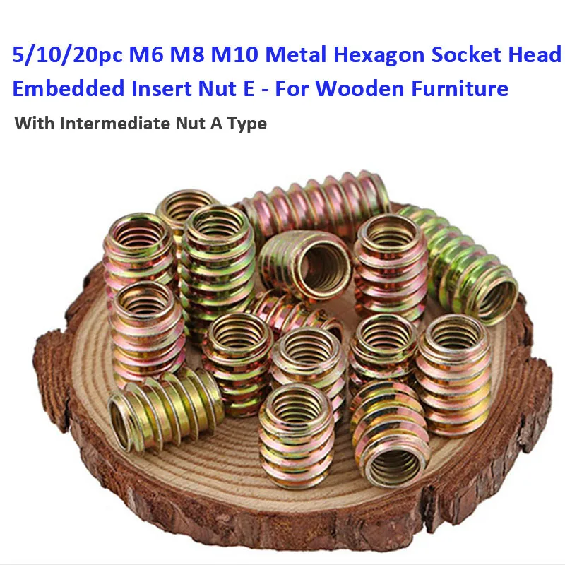 5/10/20pcs  M6 M8 M10 Galvanized Steel Hex Straight Through Socket Drive Insert Nut Threaded For Wood Furniture Nuts