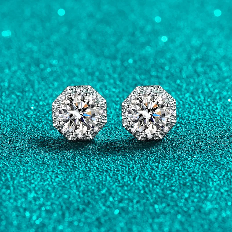 Classic Octagon PT950 Ladys Stud Earrings for Women, Sparkly Jewelry Each 1CT Real Moissanite Diamond Earring for Birthday Gift