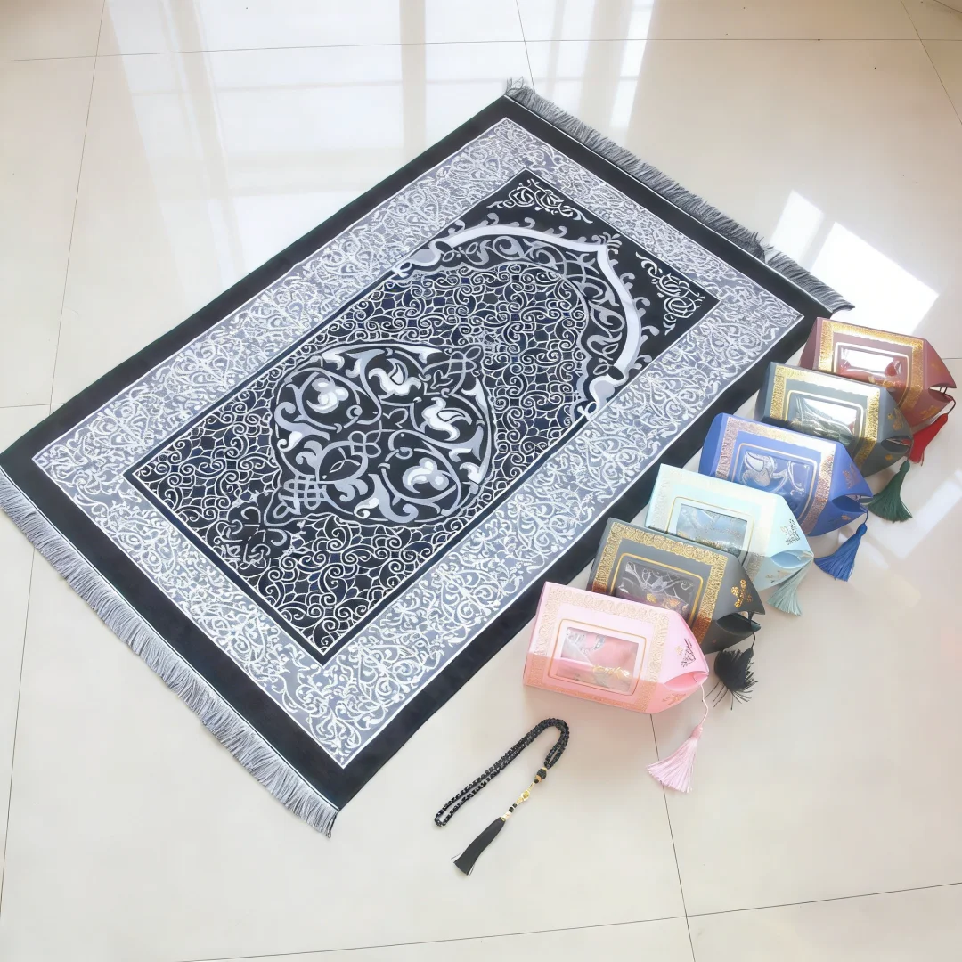 Premium Gift Box Prayer Bead Set, Chenille Flame Flower Printed Prayer Rug, Thick Flannel Prayer Mat for Home Use & Gifting