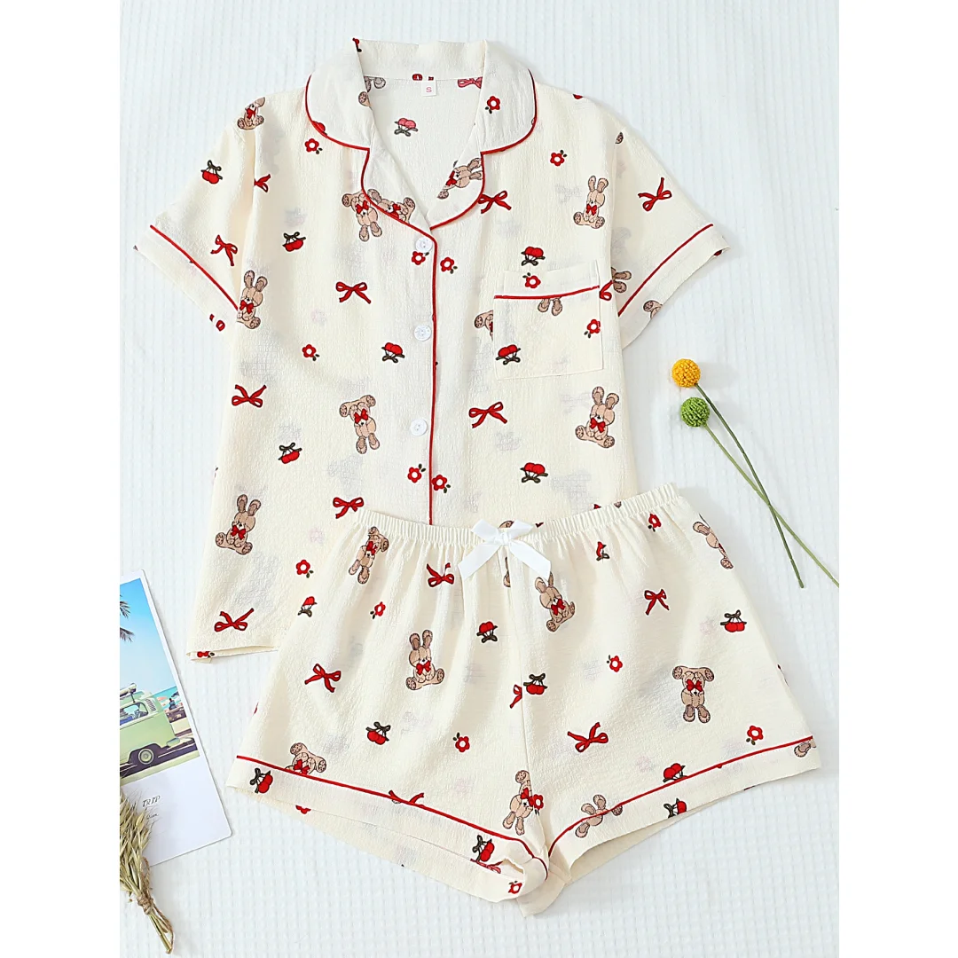 

Bunny Animals Print Pajamas Lapel Short Sleeve Shorts Pants Loungewear Home Wear Set Clothes Women Easter Summer Gifts