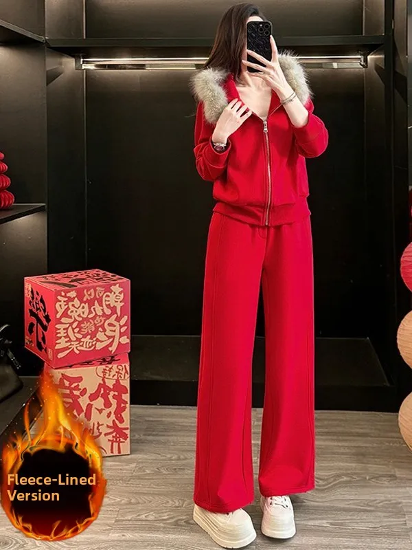 

Новогодний спортивный костюм для женщин: повседневный комплект из флисовой толстовки с капюшоном и брюк с высокой талией и широкими штанинами, красный, из двух предметов