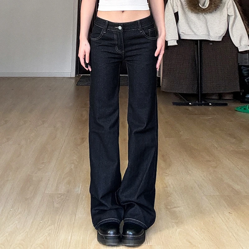 

Ретро пикантные девушки вышитые темно-синие джинсы с низкой талией повседневные свободные прямые широкие брюки для молодых женщин