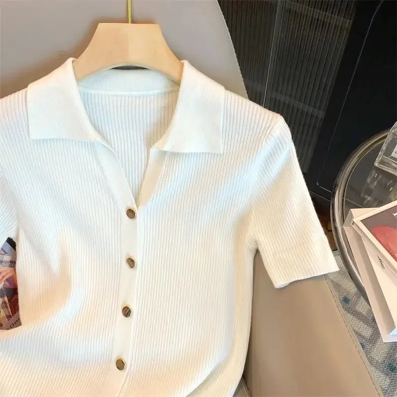 Chic malha polo-pescoço camisa feminina 2025 coreano verão fino cardigan manga curta camiseta casual único breasted malhas topos