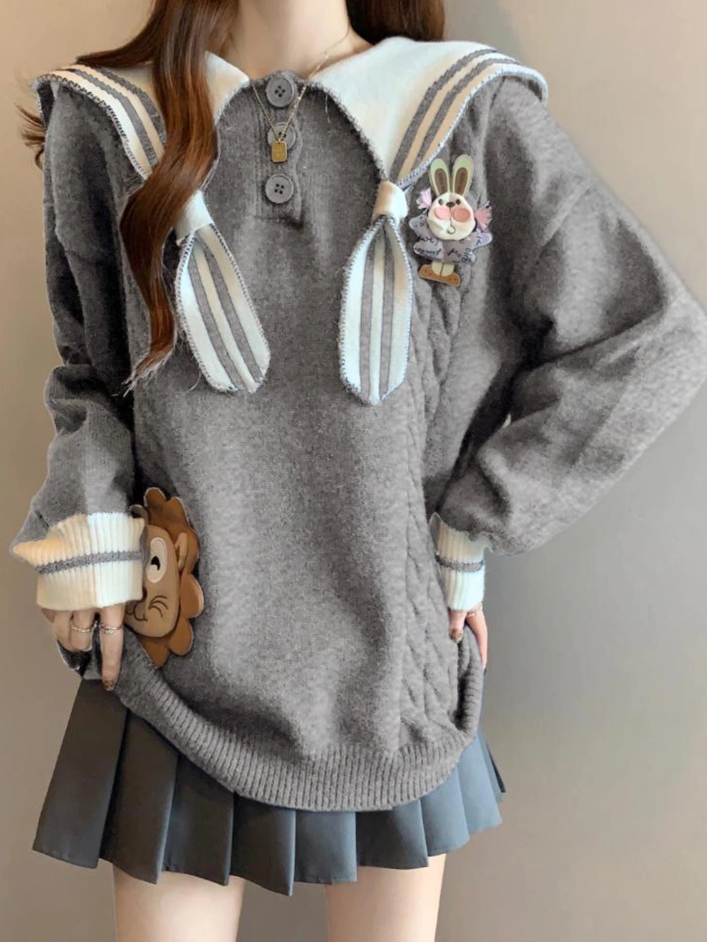 

Женский свитер с мультяшным принтом и воротником-стойкой, осенне-зимняя свободная верхняя одежда, вязаный топ, повседневная теплая кофта с длинным рукавом