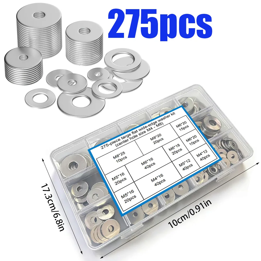 

Набор из 275 плоских шайб из нержавеющей стали в коробке, большие широкие шайбы (размеры центральных отверстий M4, M5, M6, M8)
