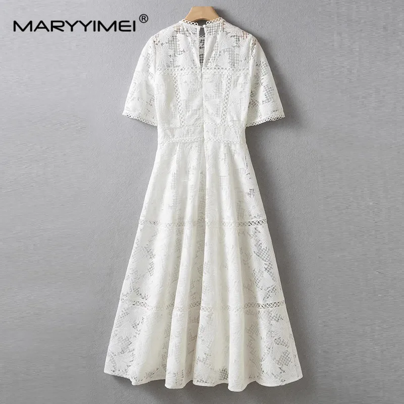 MARYYIMEI New High Street Fashion Dress Designer Women's O-Neck Short Sleeve White flower Embroider Lace Hollow Out Slim Dress