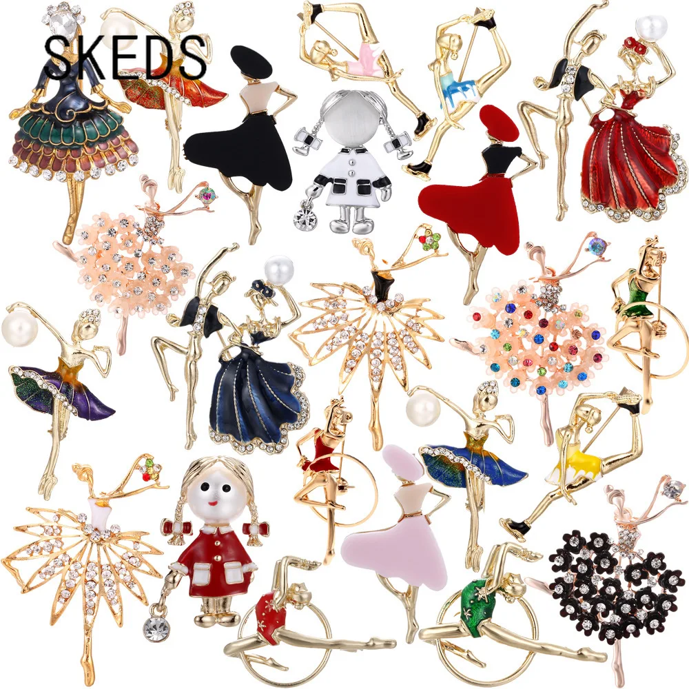 SKEDS moda nueva llegada esmalte gimnasia Ballet bailarina broche Pin para mujeres gota de cristal aceite ramillete ropa abrigo joyería