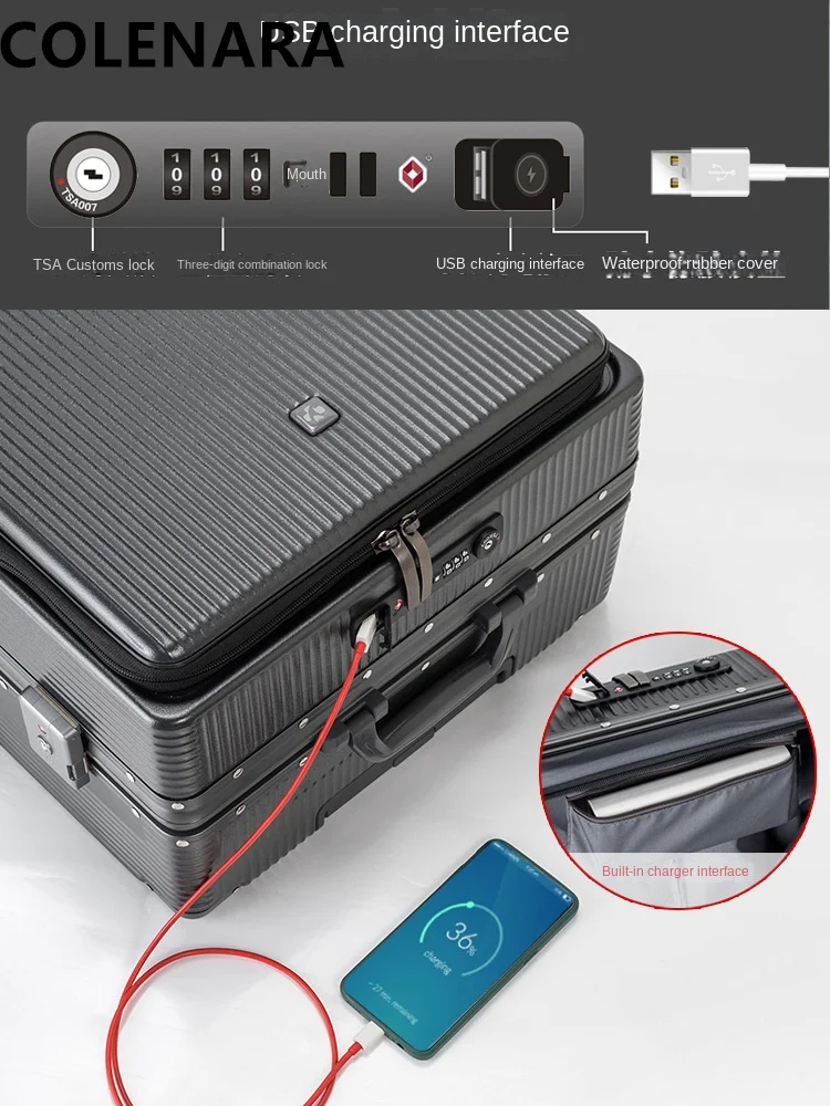 COLENARA Multi-function Suitcase USB Charging Boarding Box Aluminum Frame Trolley Case 20\