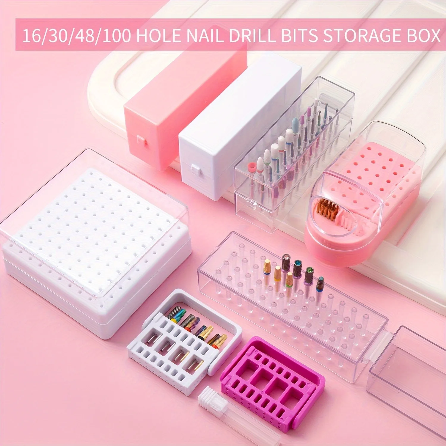 Organizer przenośny na 30/100 otworów, 1 sztuka, różne style, do przechowywania i organizowania frezów do paznokci, z podstawą pyłoszczelną.