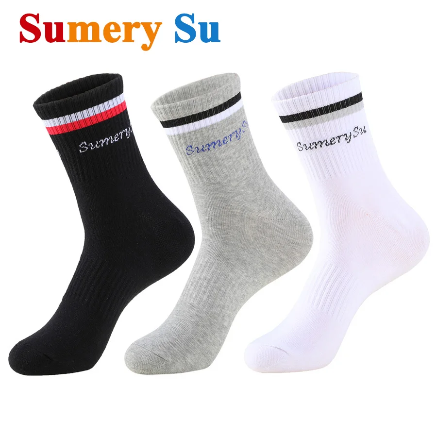 3 Pairs/Lot Running Socks Men Long Casual Outdoor Trekking Travel Cotton Stripes Solid Compression High Crew Socks 3 Colors