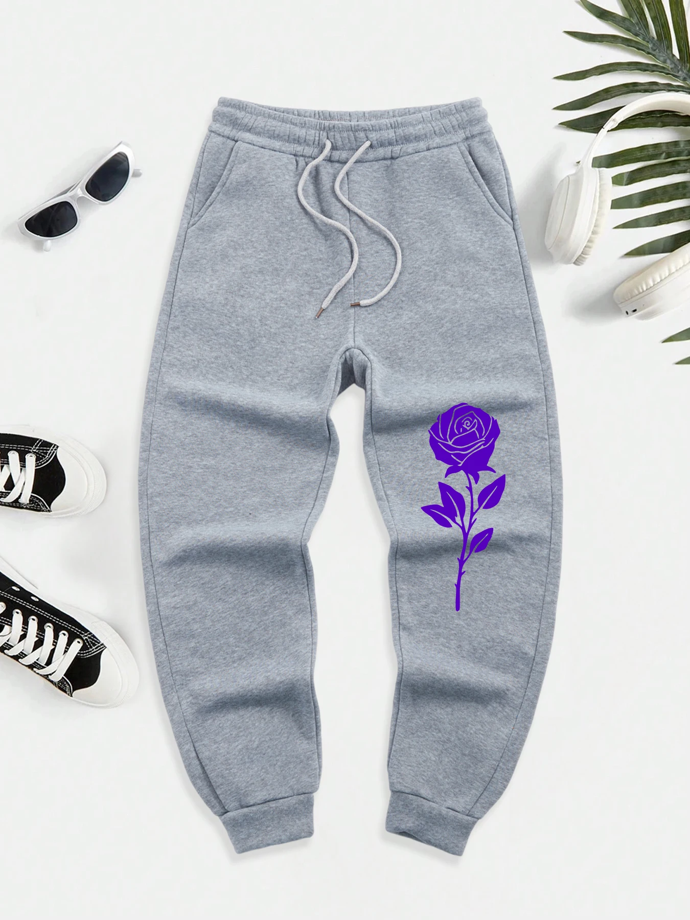 

Purple Rose Print Men Casual Comfy Long Pants Sport Loose Sweatpant Fleece Fashion Trousers Hip Hop Street Joggers Sportpants