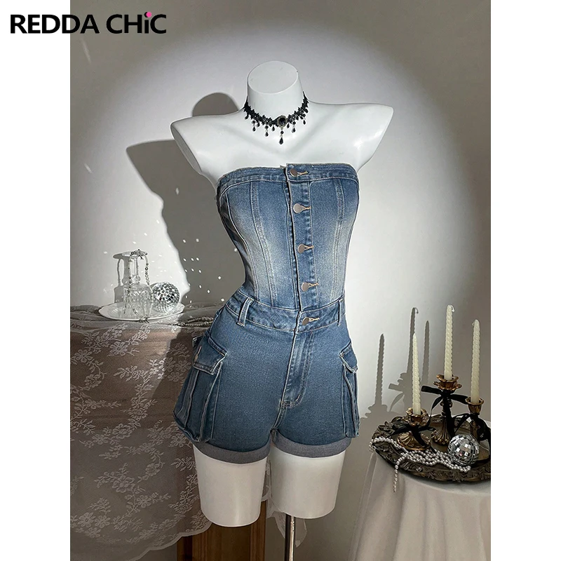 

REDDACHiC Women Denim Overall Shorts Retro Do Old Button Front Elastic Back Strapless Cargo Jeans Jumpsuit Casual Everyday Wear