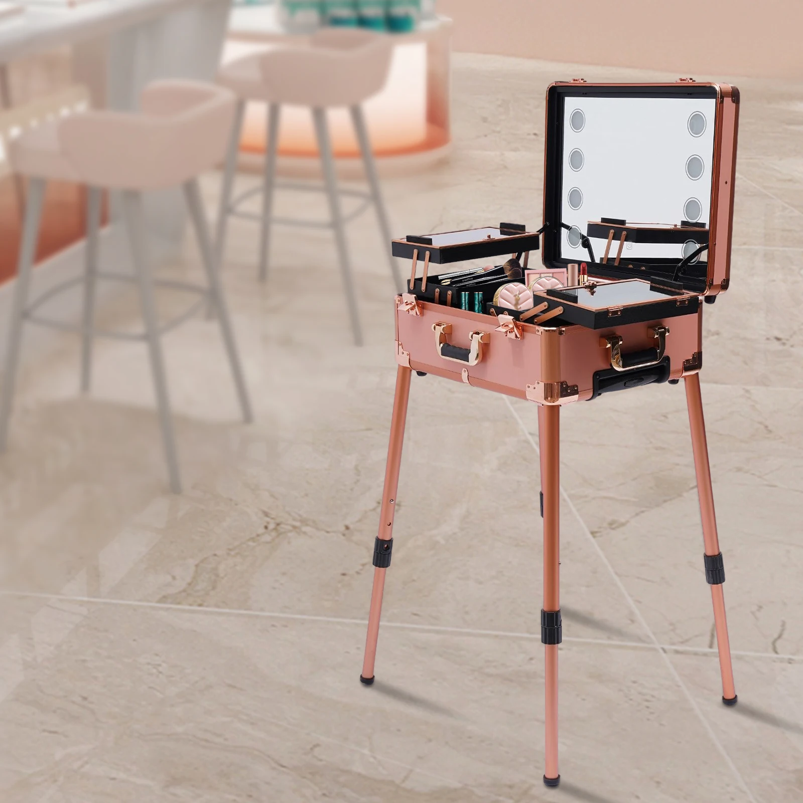 Cosmetic Case Trolley Vanity Case with Lighting and Mirror, Make Up Case with Adjustable Legs Professional Makeup Station